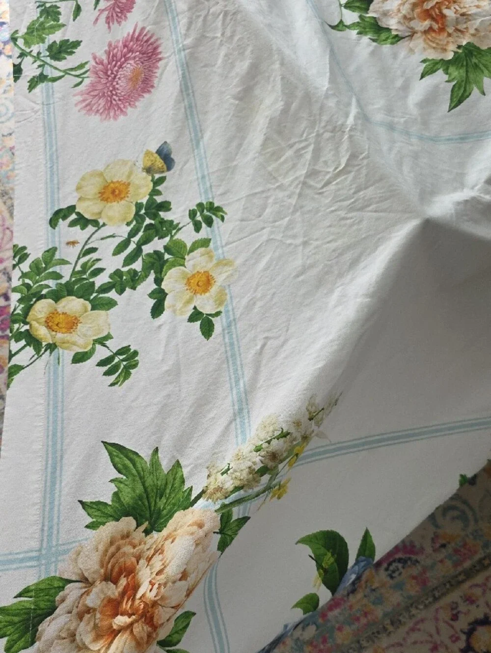 Williams-Sonoma Cotton Tablecloth with Green and Blue Floral Details